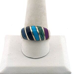 Estate Sterling Silver 925 Mexico Inlay Multi-Stone Ring Size 10.5 12g